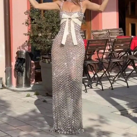 Sexy Women's Rhinestone Square Collar Bow Slim Hip Sleeveless Sling Dress - Picture 4 of 7